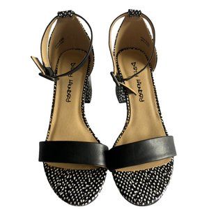 Dirty Laundry open toe chunky heel ankle strap sandals, black white spotted dot